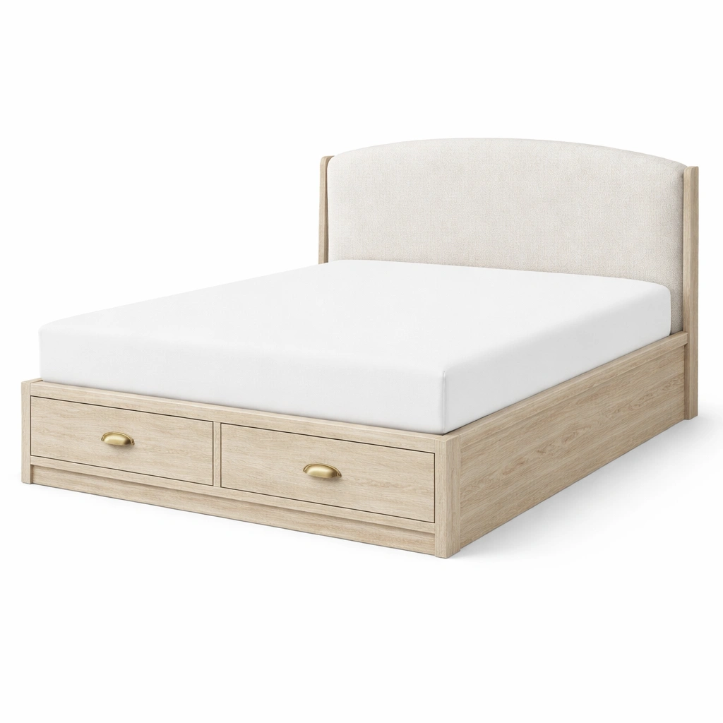 Cama con almacenamiento doble con cabecero tapizado en lino y cajones-furncora