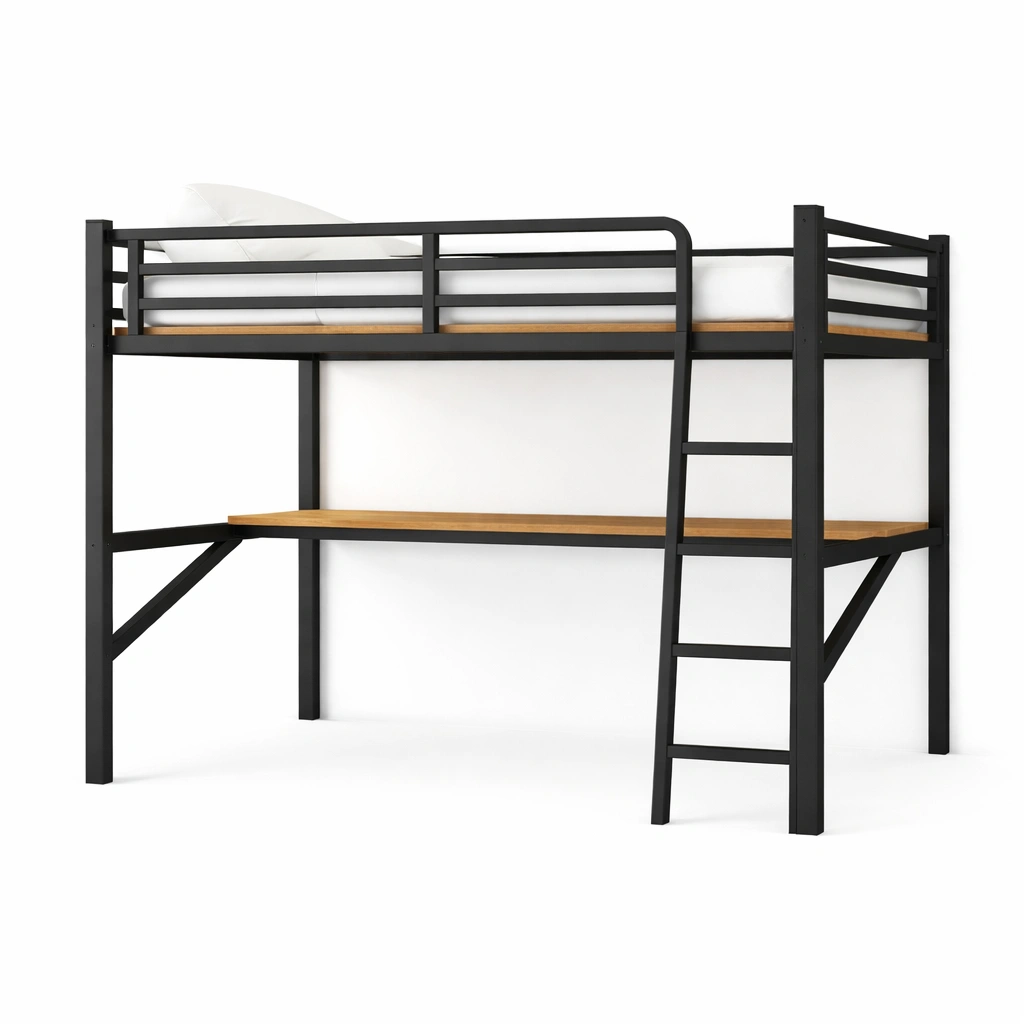 Cama loft de metal negro con escritorio de madera MDF-furncora