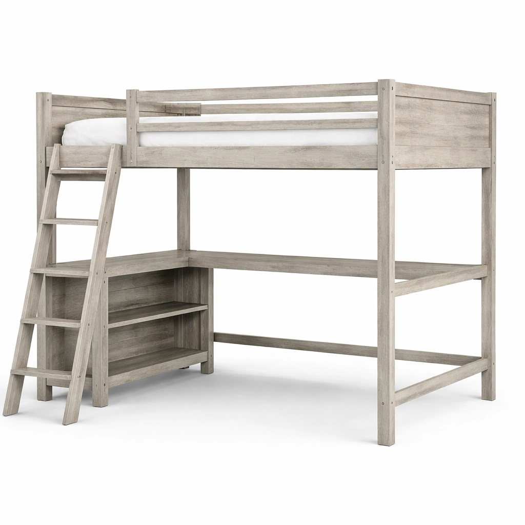Cama loft de madera con escritorio y estantería gris-furncora