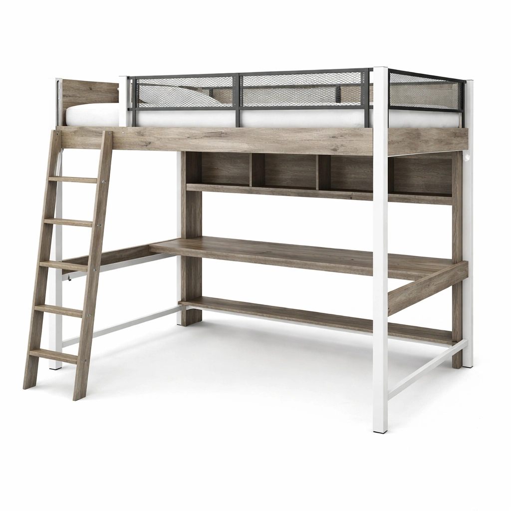 Cama loft con escritorio de metal y madera-furncora