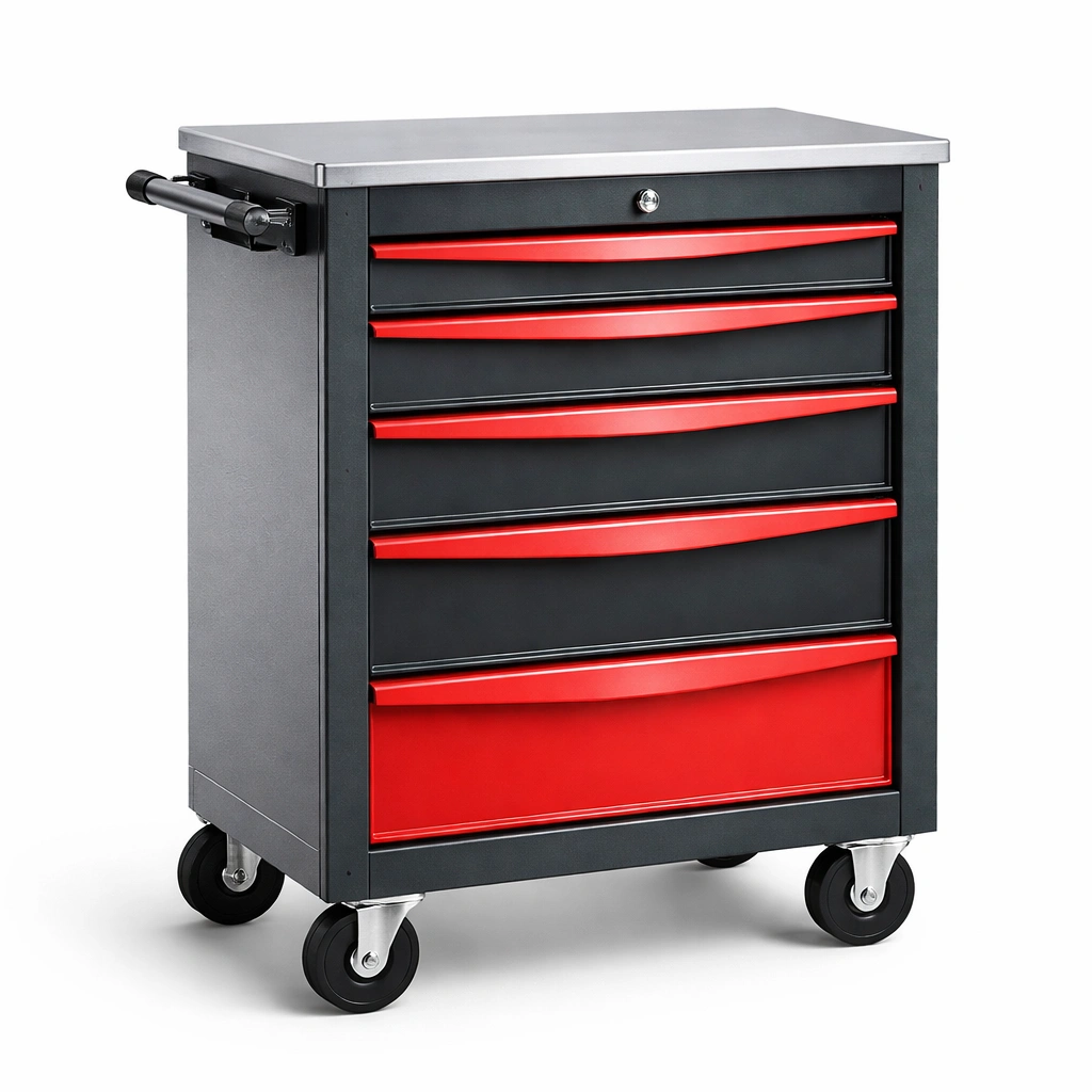 Carro de herramientas de metal con 5 cajones negro rojo-furncora