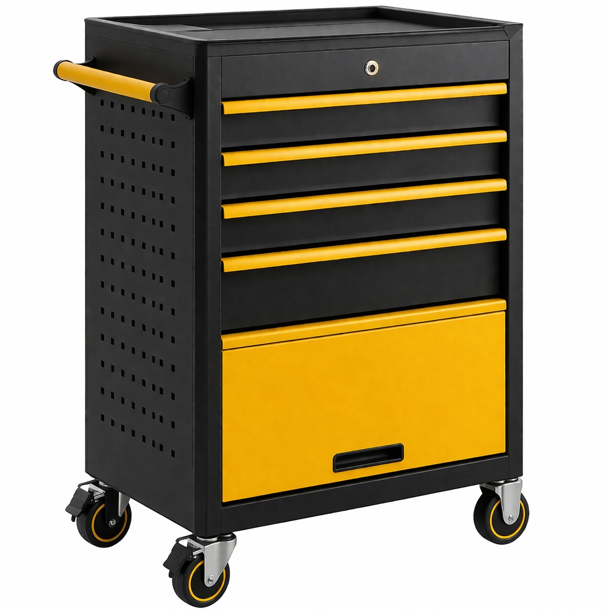 Carro de herramientas de metal con ruedas amarillo y negro 75x35x85 cm-furncora