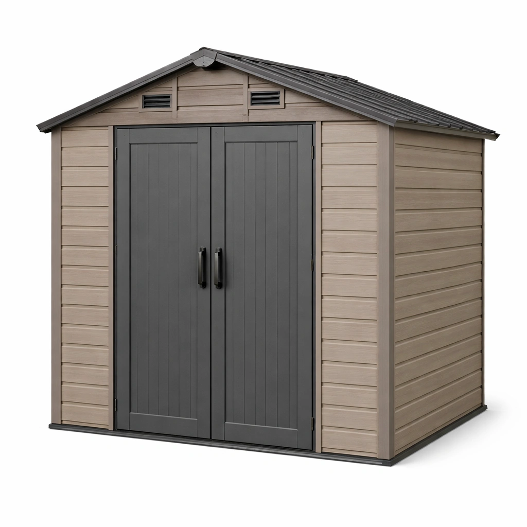 Cobertizo de jardín de plástico 185x152x226 cm marrón gris con puertas dobles-furncora