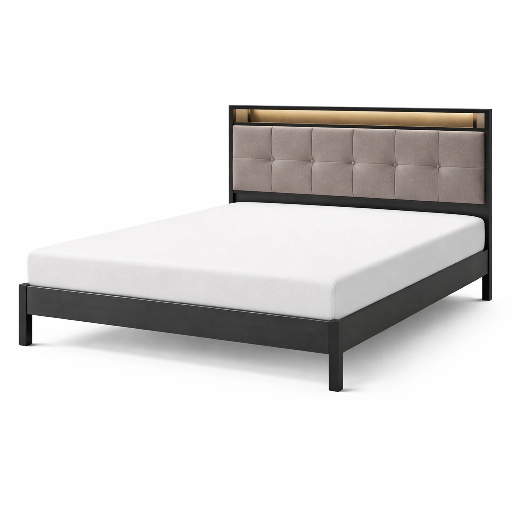 Estructura de cama de metal negro con cabecero tapizado en poliéster marrón-furncora