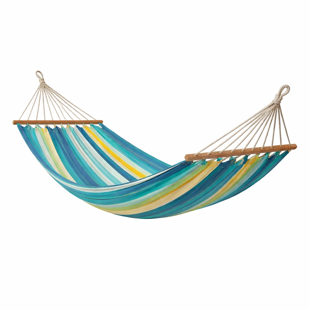 Hamaca colgante de tela a rayas azul y amarillo-furncora