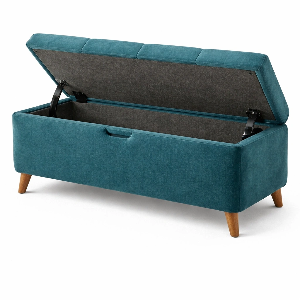 Banco con almacenamiento de poliéster azul con patas de madera 120x45x50 cm-furncora