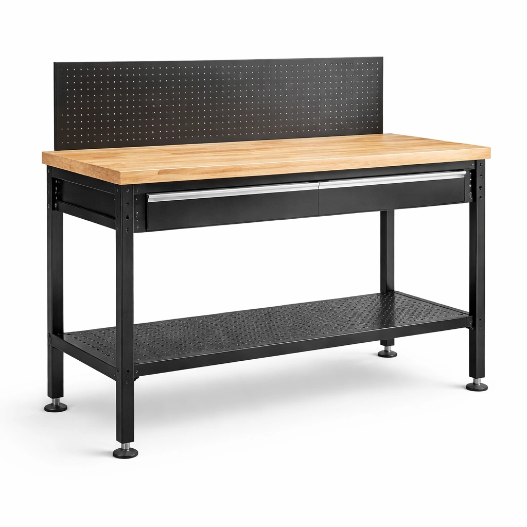 Banco de trabajo de madera y acero con panel perforado 150x60x90 cm-furncora