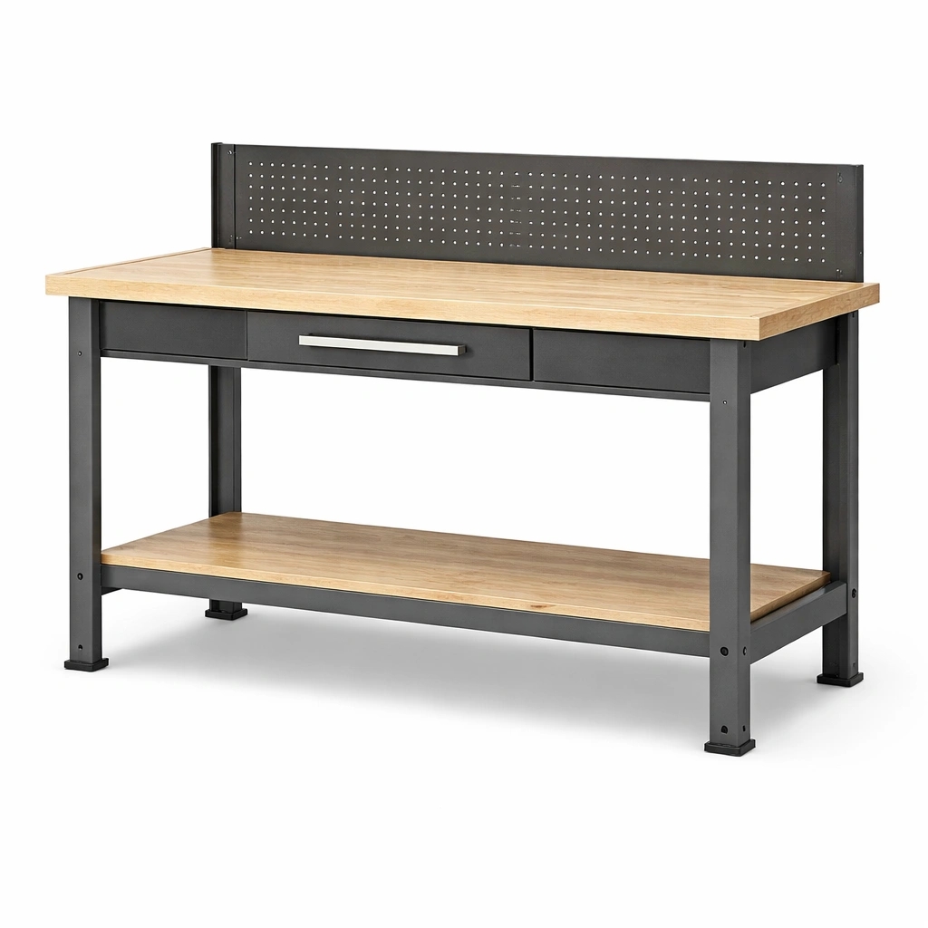 Banco de trabajo de madera y metal con estante y panel perforado-furncora