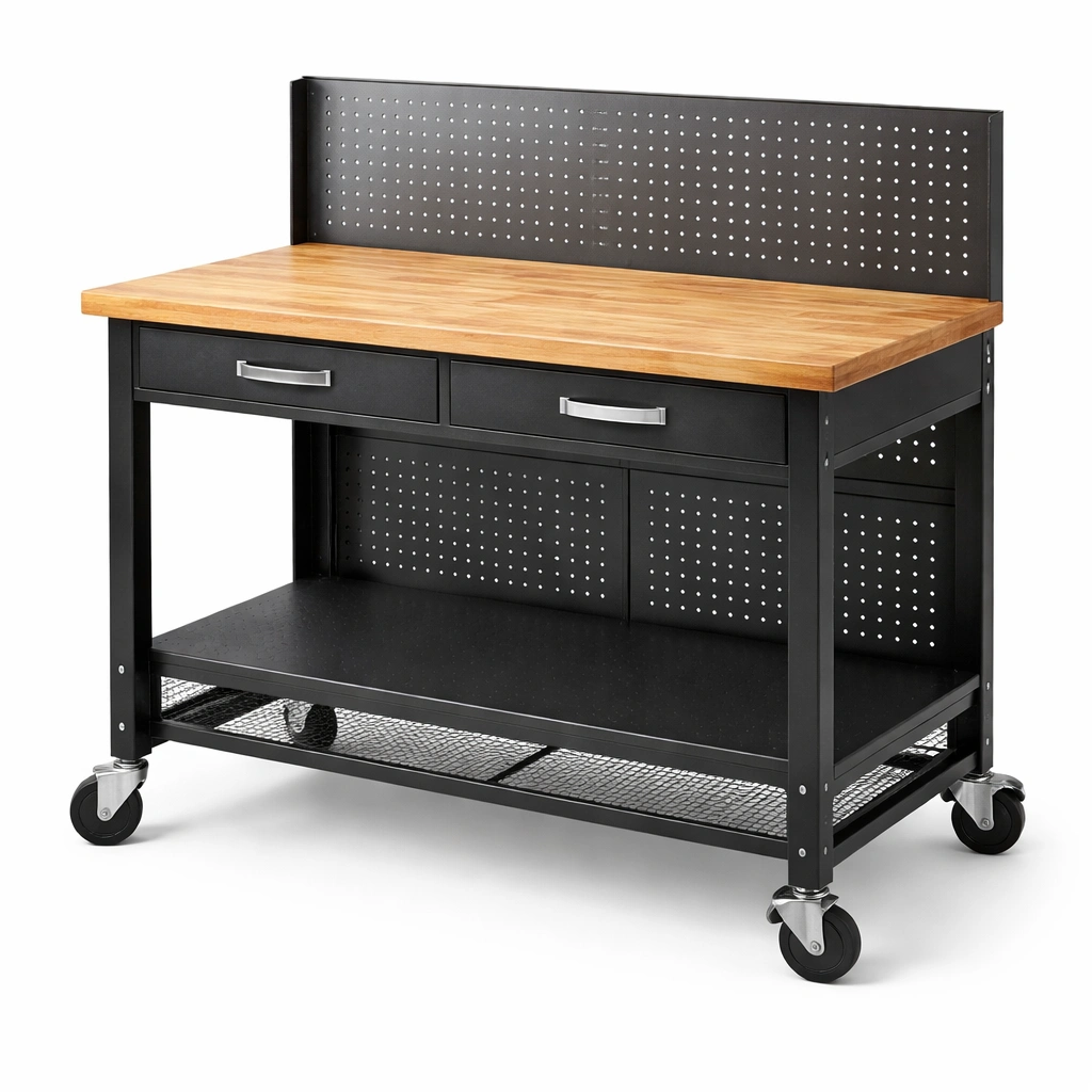 Banco de trabajo de madera y metal con ruedas y cajones-furncora