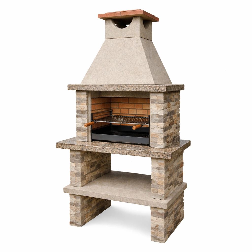 Barbacoa de piedra y ladrillo con parrilla de acero-furncora