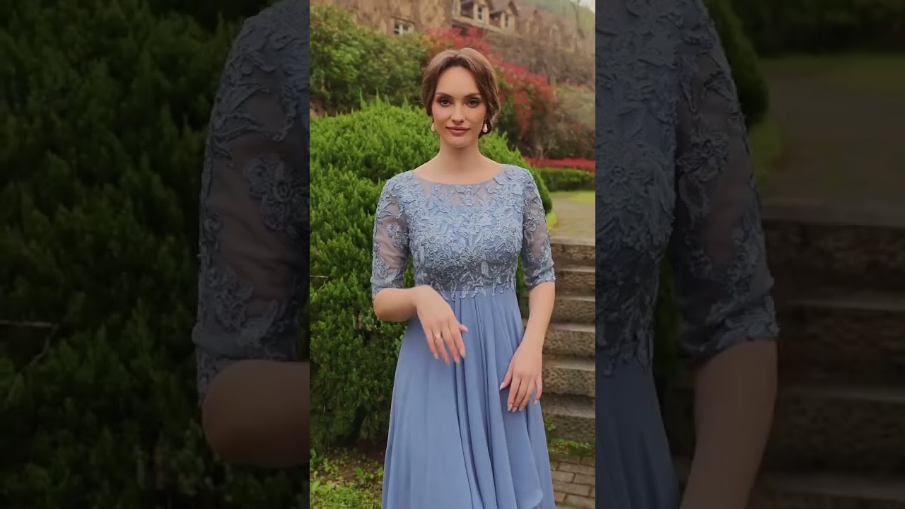 Sophisticated A-line Scoop 1/2 Sleeves Appliques Lace Tea-Length Chiffon Mother of the Bride Dress