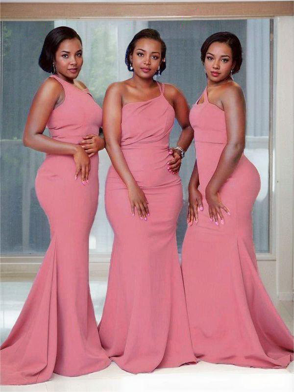 Sheath/Column Crisp One-Shoulder Sleeveless Sweep Train Stretch Crepe Bridesmaid Dress