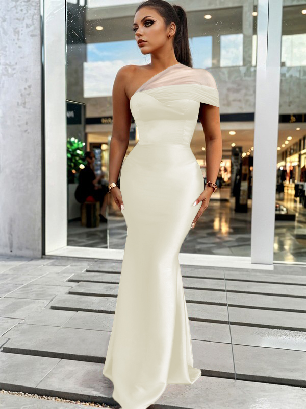 Sheath/Column Classic One-Shoulder Satin Floor-Length Bridesmaid Dress With Pleated