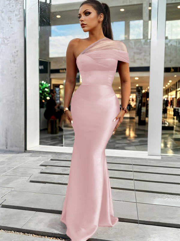 Sheath/Column Classic One-Shoulder Satin Floor-Length Bridesmaid Dress With Pleated