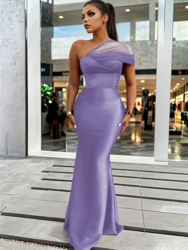 Sheath/Column Classic One-Shoulder Satin Floor-Length Bridesmaid Dress With Pleated