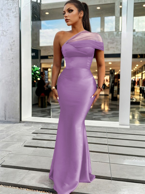Sheath/Column Classic One-Shoulder Satin Floor-Length Bridesmaid Dress With Pleated