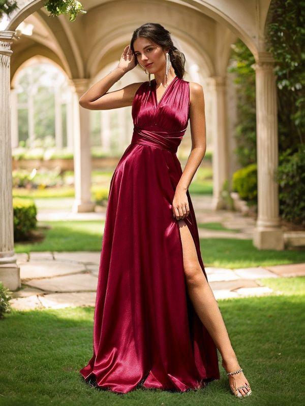 Perfect A-line Floor-Length Silk Like Satin Convertible Bridesmaid Dress With Slit
