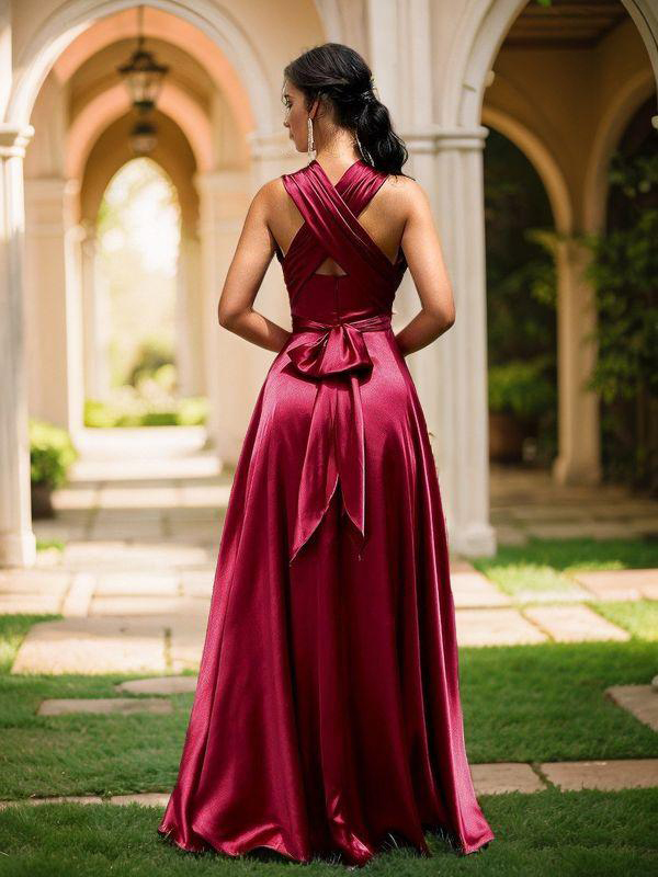 Perfect A-line Floor-Length Silk Like Satin Convertible Bridesmaid Dress With Slit