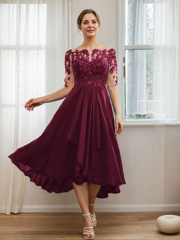 A-line Bateau Chic 1/2 Sleeves Tea-Length Chiffon Mother of the