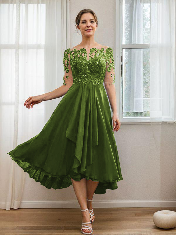 A-line Bateau Chic 1/2 Sleeves Tea-Length Chiffon Mother of the