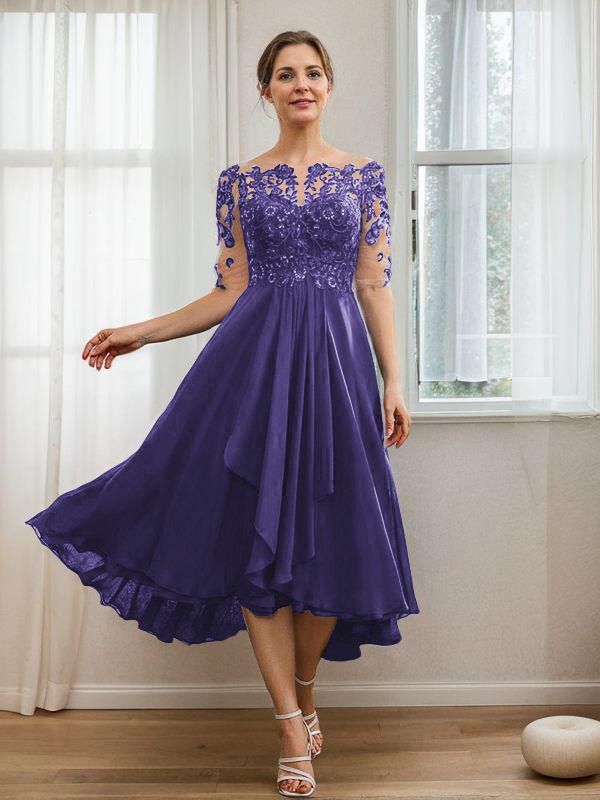 A-line Bateau Chic 1/2 Sleeves Tea-Length Chiffon Mother of the