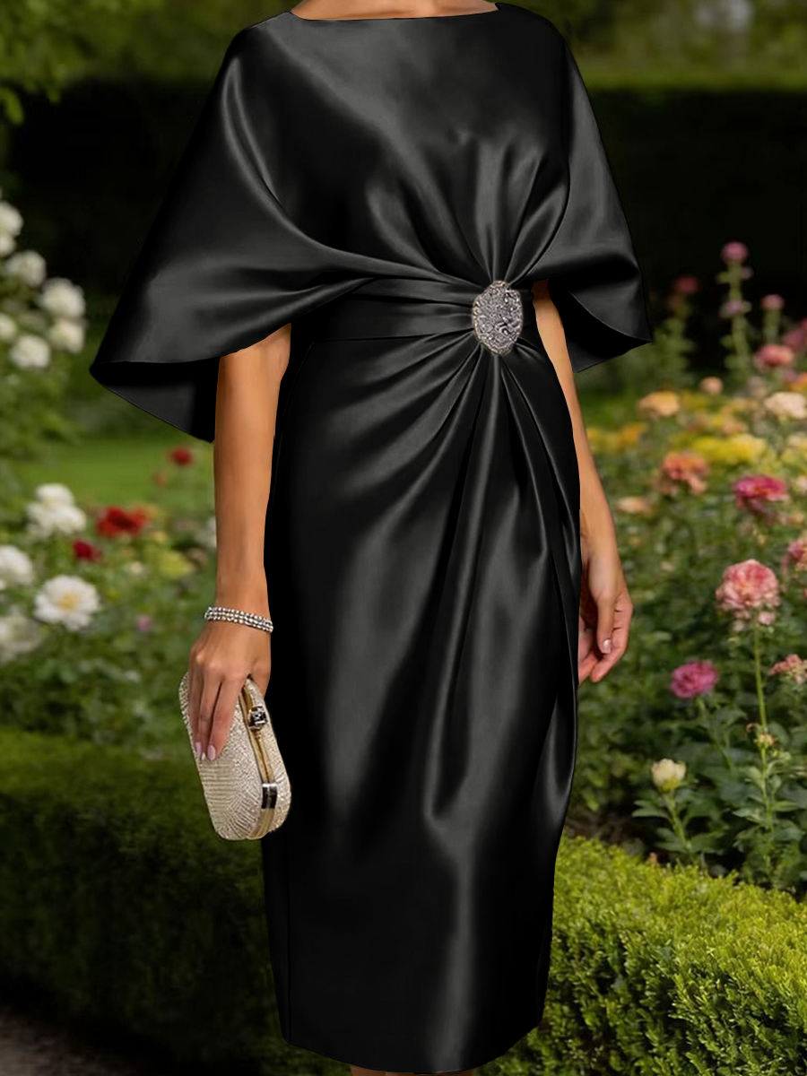 Tasteful Sheath Scoop 1/2 Sleeves Pleated Tea-Length Satin Corset Mother of the Bride Dress