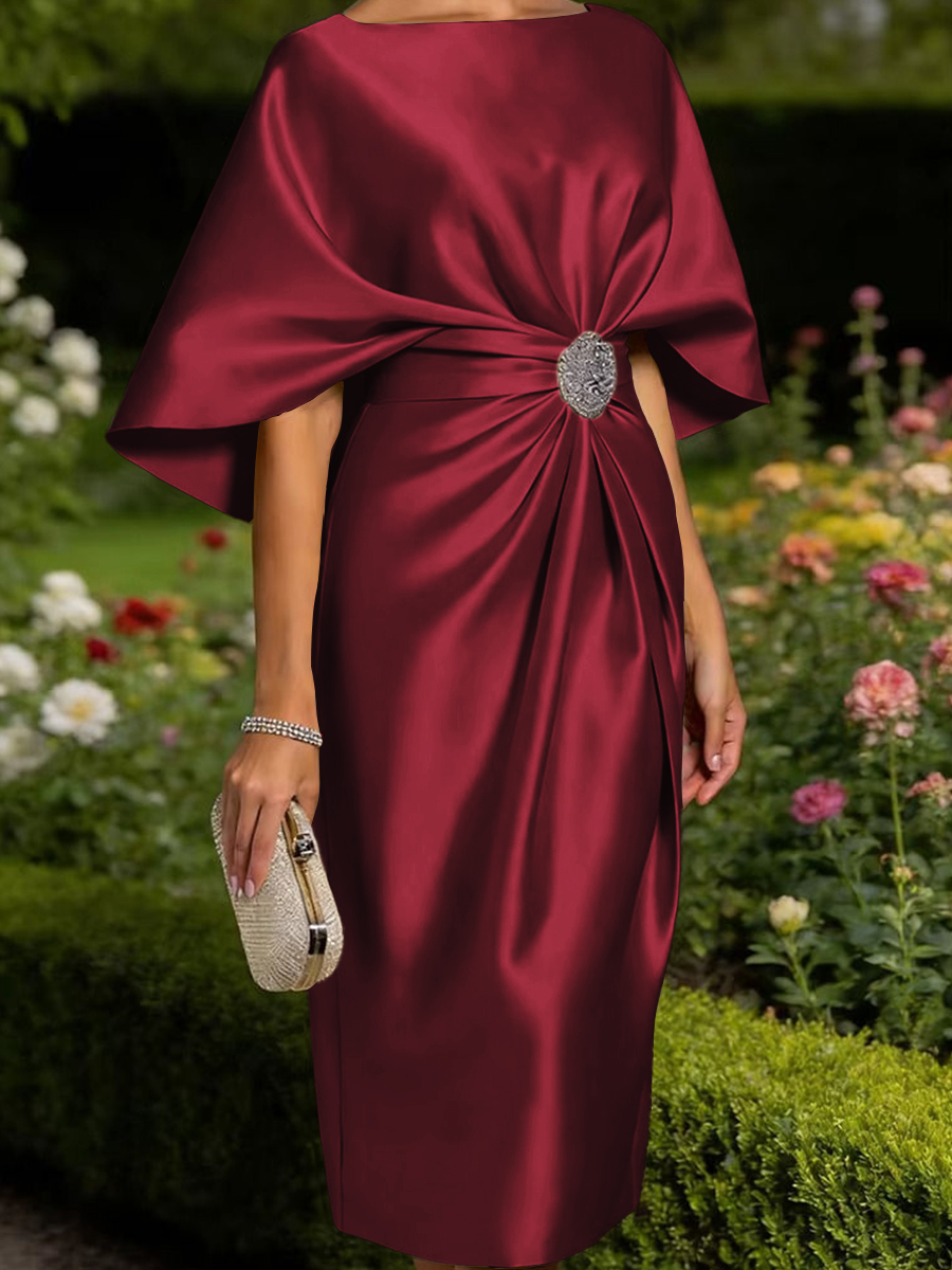 Tasteful Sheath Scoop 1/2 Sleeves Pleated Tea-Length Satin Corset Mother of the Bride Dress