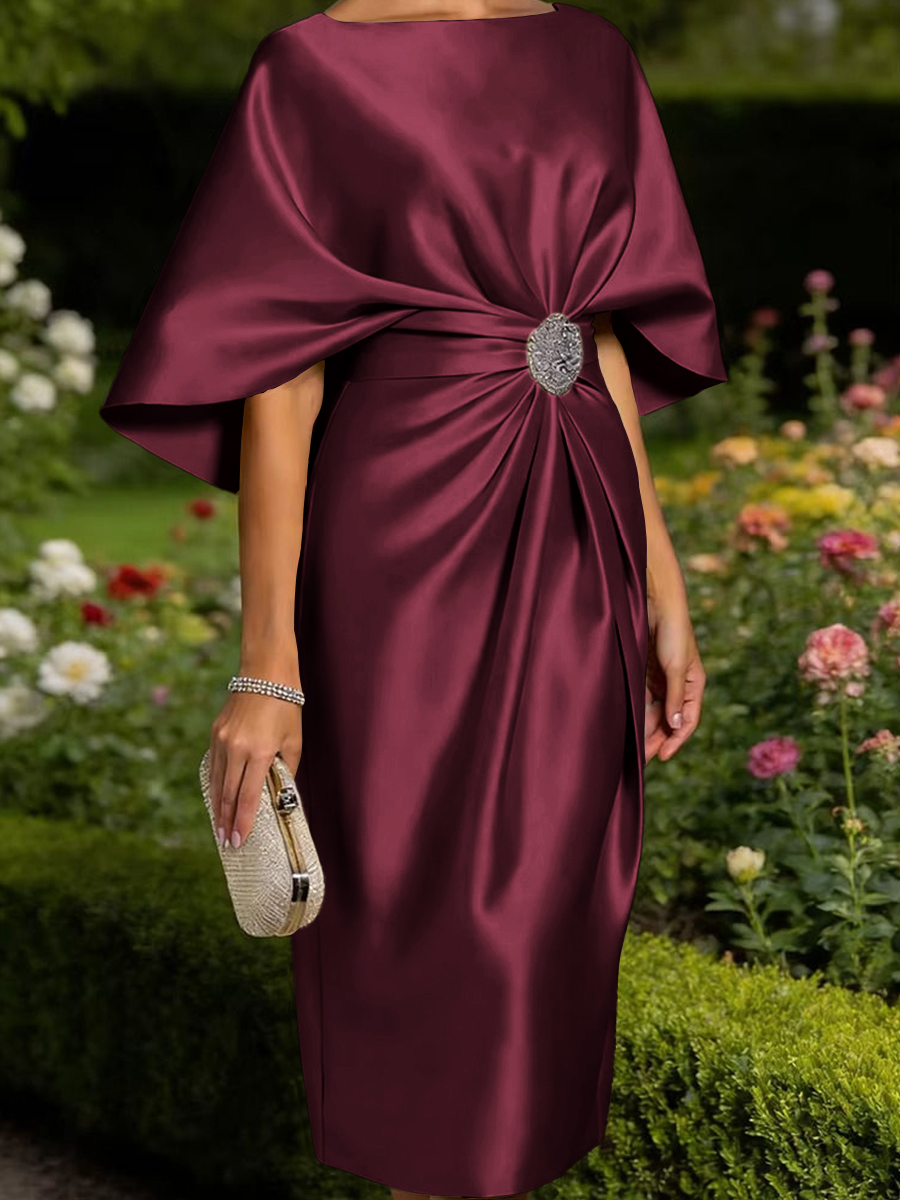 Tasteful Sheath Scoop 1/2 Sleeves Pleated Tea-Length Satin Corset Mother of the Bride Dress