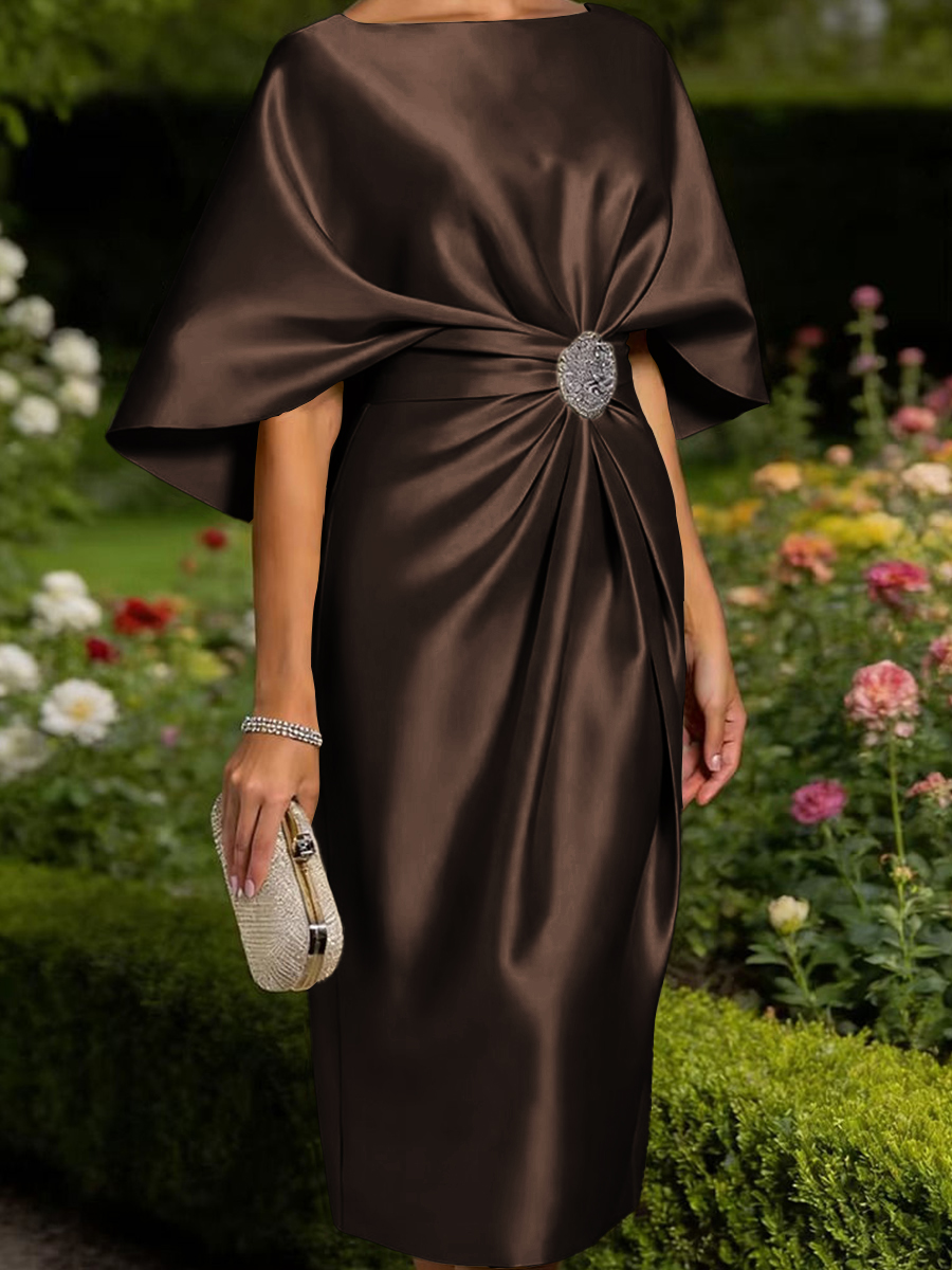 Tasteful Sheath Scoop 1/2 Sleeves Pleated Tea-Length Satin Corset Mother of the Bride Dress