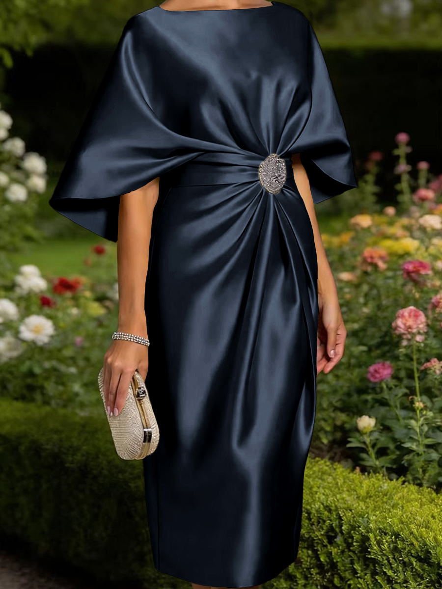 Tasteful Sheath Scoop 1/2 Sleeves Pleated Tea-Length Satin Corset Mother of the Bride Dress