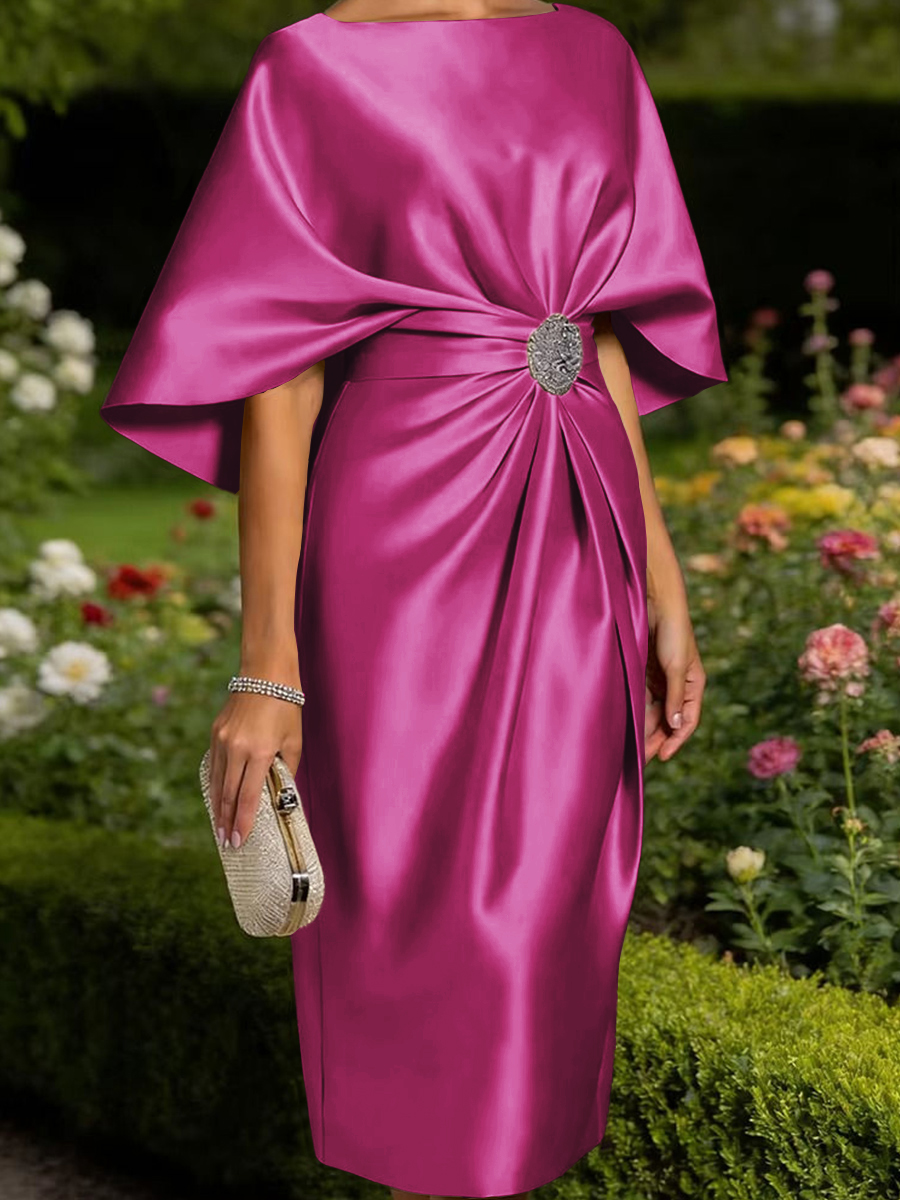 Tasteful Sheath Scoop 1/2 Sleeves Pleated Tea-Length Satin Corset Mother of the Bride Dress