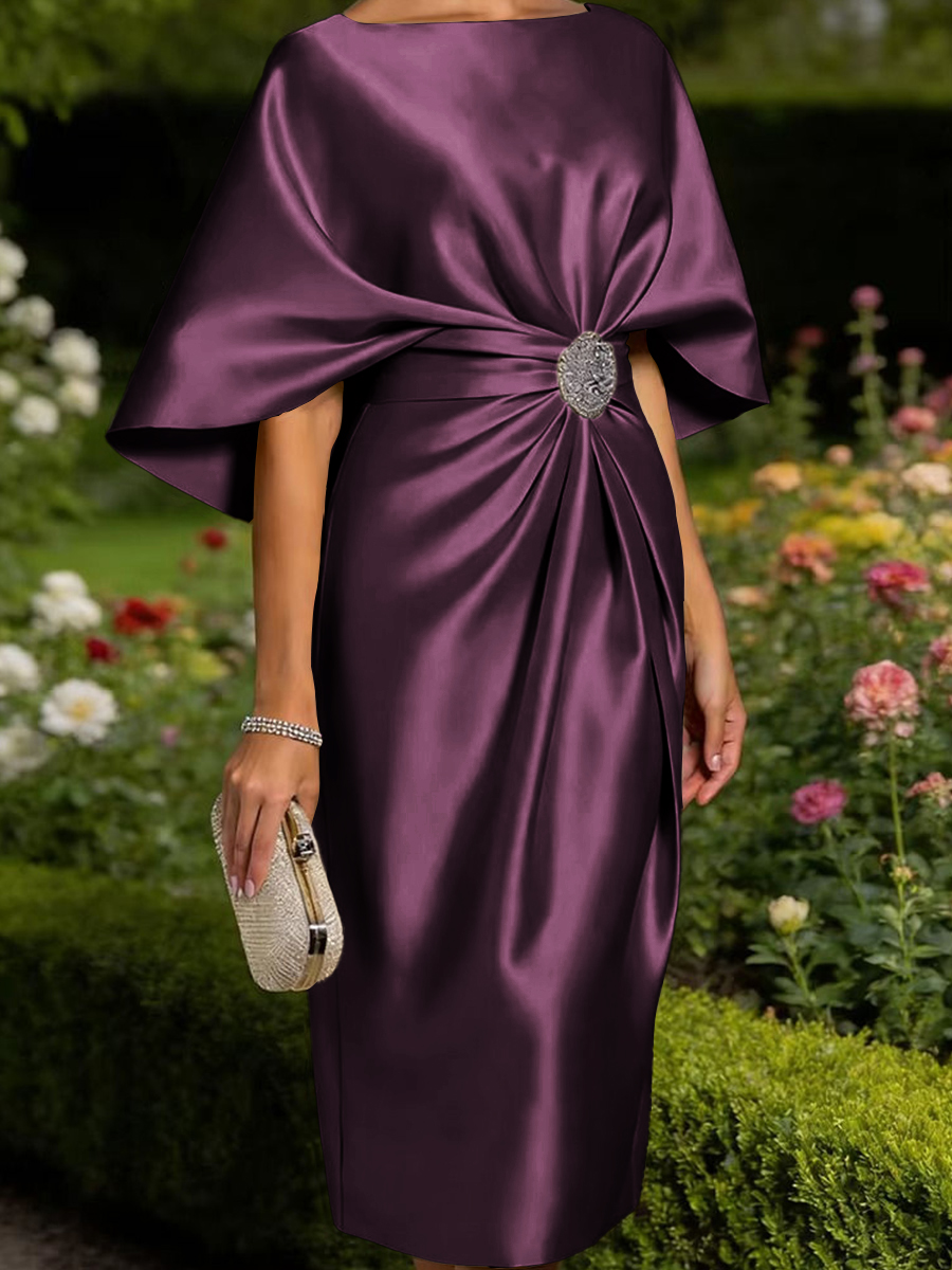 Tasteful Sheath Scoop 1/2 Sleeves Pleated Tea-Length Satin Corset Mother of the Bride Dress