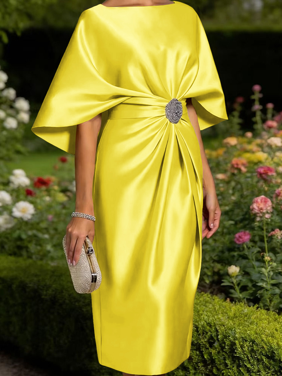 Tasteful Sheath Scoop 1/2 Sleeves Pleated Tea-Length Satin Corset Mother of the Bride Dress