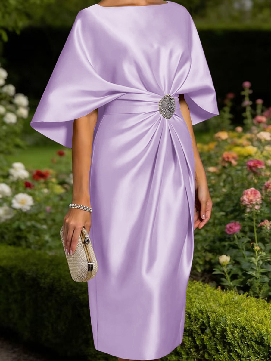 Tasteful Sheath Scoop 1/2 Sleeves Pleated Tea-Length Satin Corset Mother of the Bride Dress