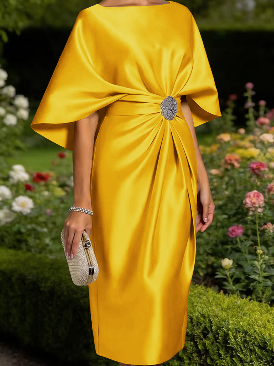 Tasteful Sheath Scoop 1/2 Sleeves Pleated Tea-Length Satin Corset Mother of the Bride Dress