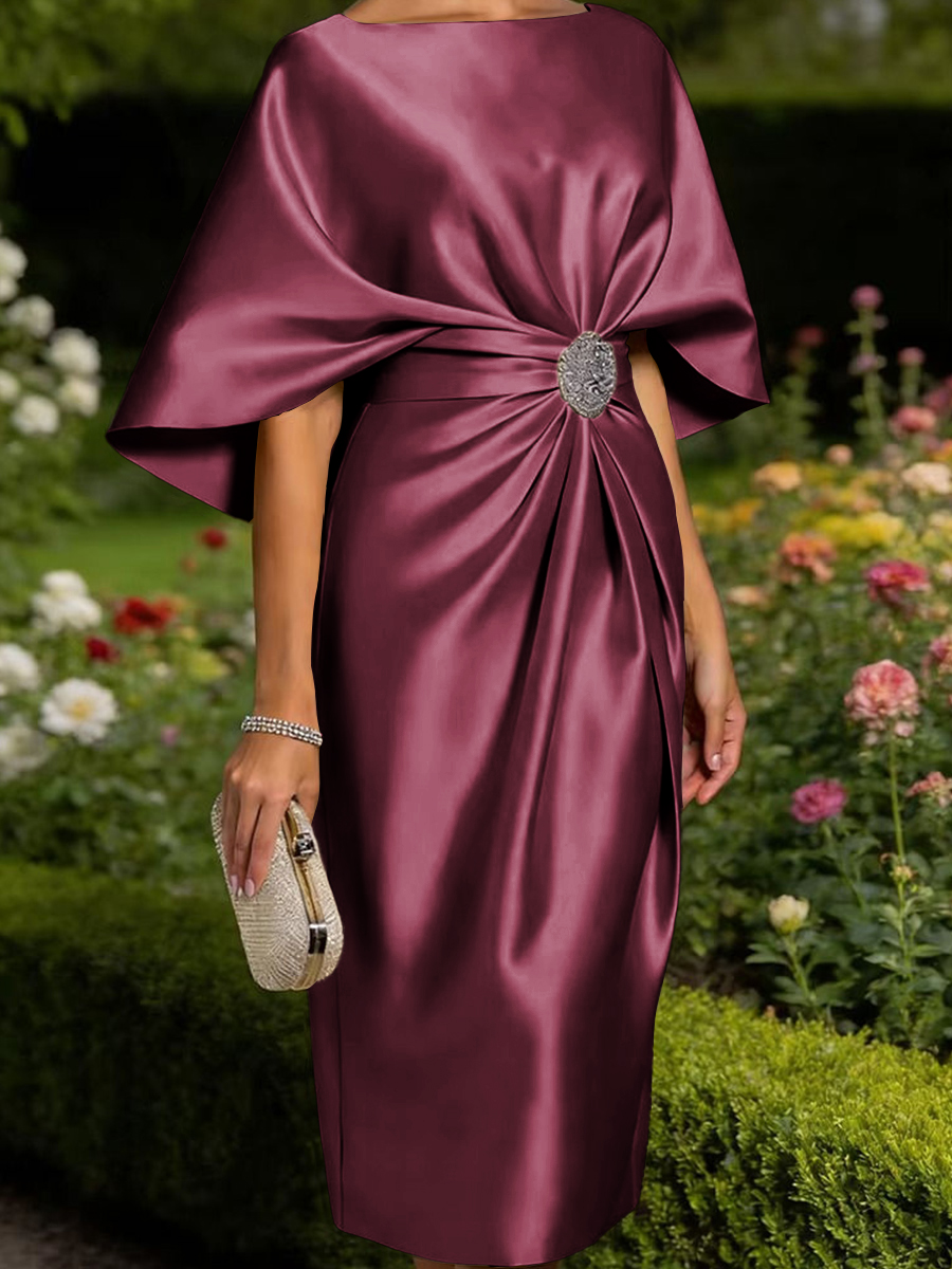 Tasteful Sheath Scoop 1/2 Sleeves Pleated Tea-Length Satin Corset Mother of the Bride Dress