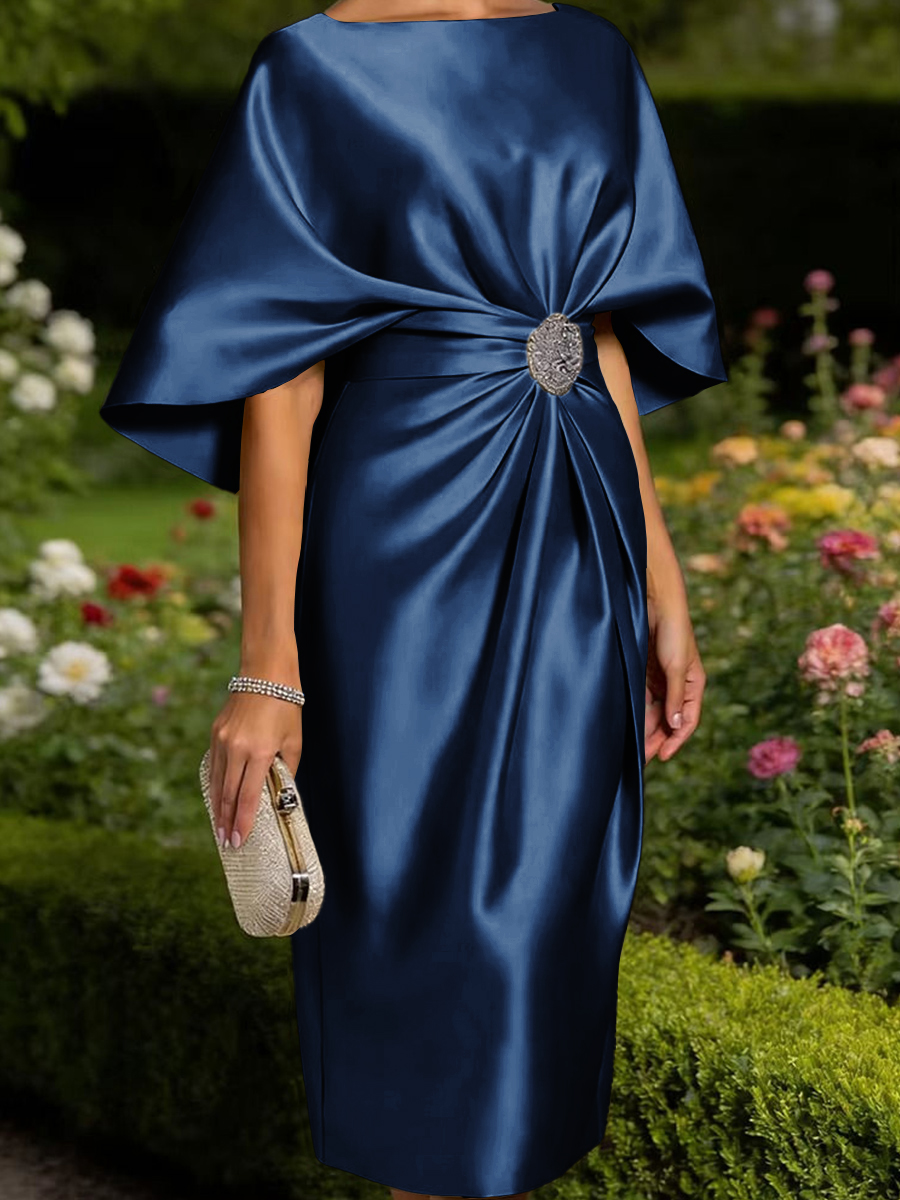 Tasteful Sheath Scoop 1/2 Sleeves Pleated Tea-Length Satin Corset Mother of the Bride Dress