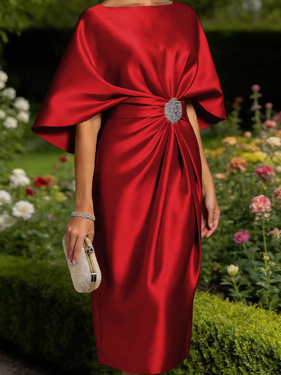 Tasteful Sheath Scoop 1/2 Sleeves Pleated Tea-Length Satin Corset Mother of the Bride Dress