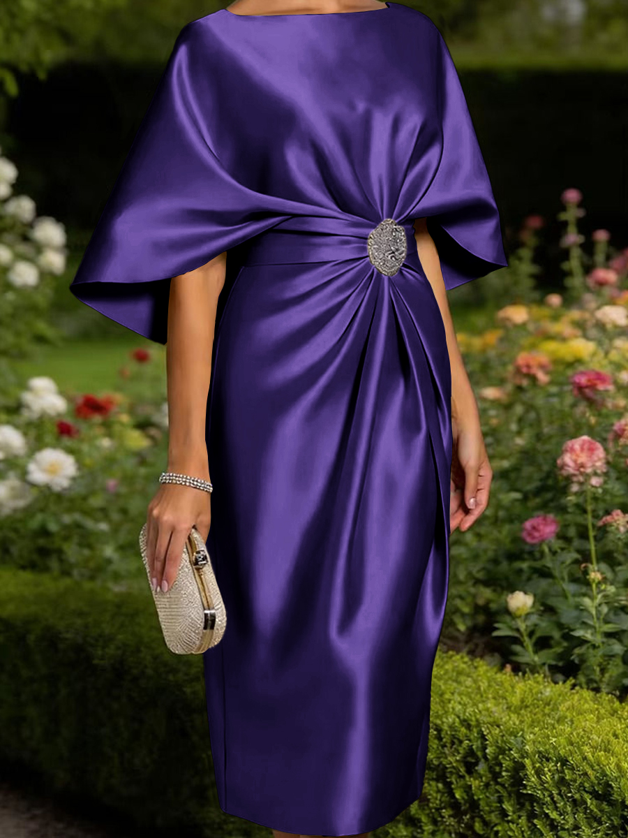 Tasteful Sheath Scoop 1/2 Sleeves Pleated Tea-Length Satin Corset Mother of the Bride Dress