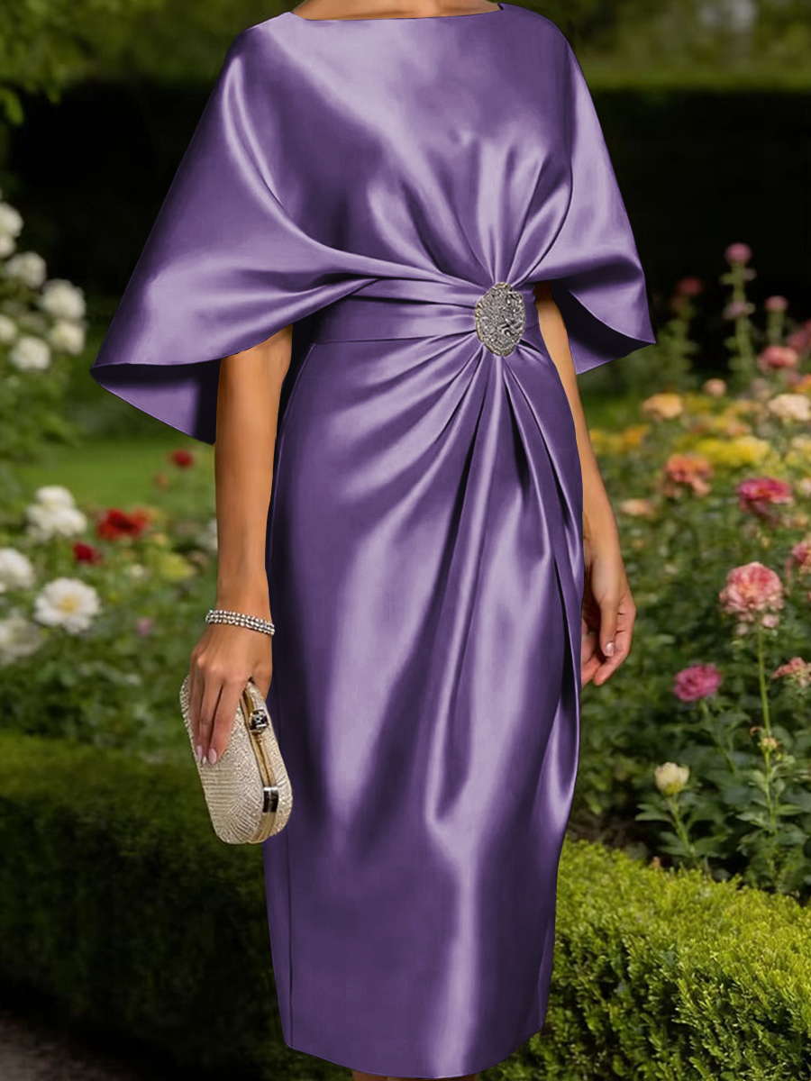 Tasteful Sheath Scoop 1/2 Sleeves Pleated Tea-Length Satin Corset Mother of the Bride Dress