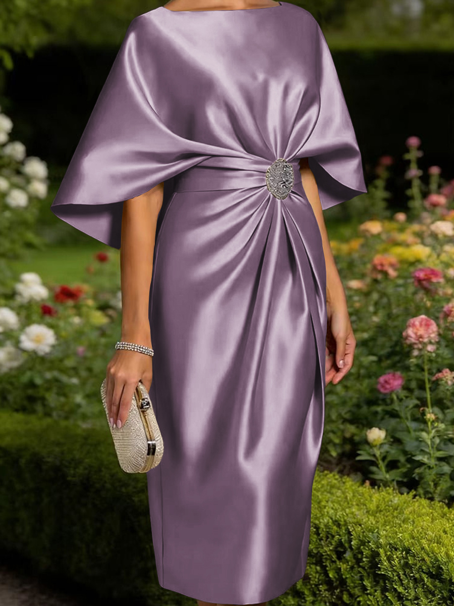 Tasteful Sheath Scoop 1/2 Sleeves Pleated Tea-Length Satin Corset Mother of the Bride Dress