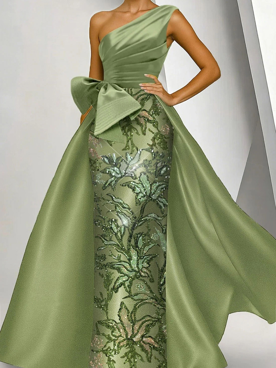 Unique Sheath One-Shoulder Rhinestone Floor-Length Satin Corset Mother of the Bride Dress