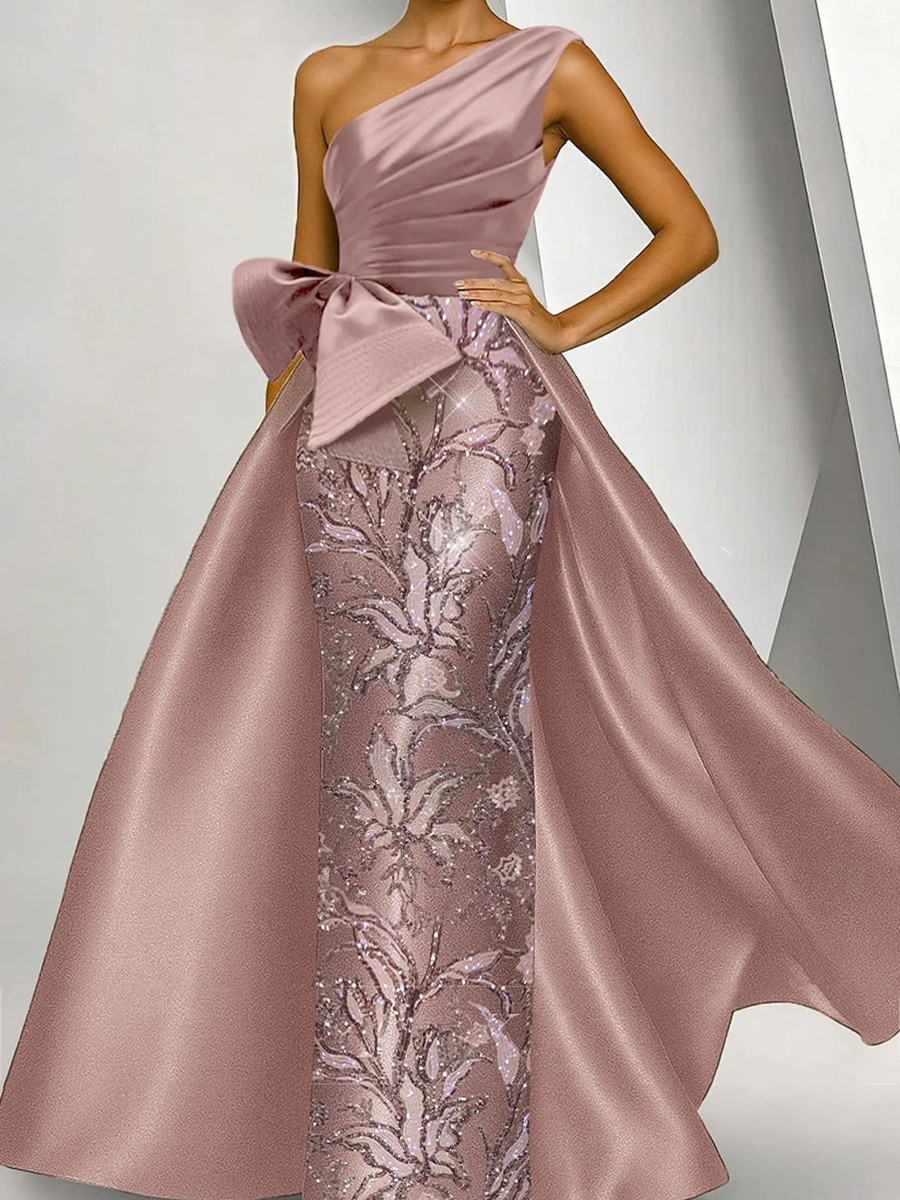 Unique Sheath One-Shoulder Rhinestone Floor-Length Satin Corset Mother of the Bride Dress