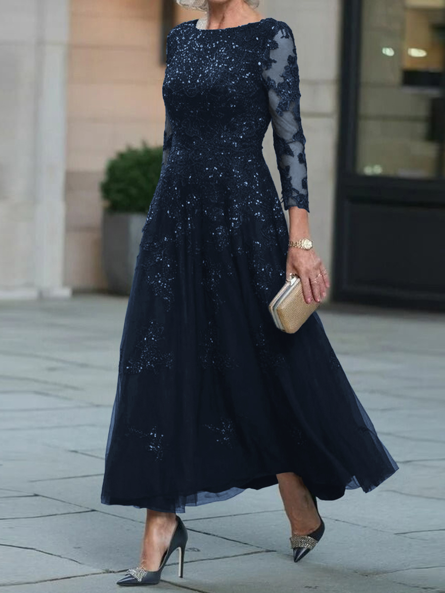 Statuesque A-Line Scoop 3/4 Sleeves Sequin Ankle-Length Tulle