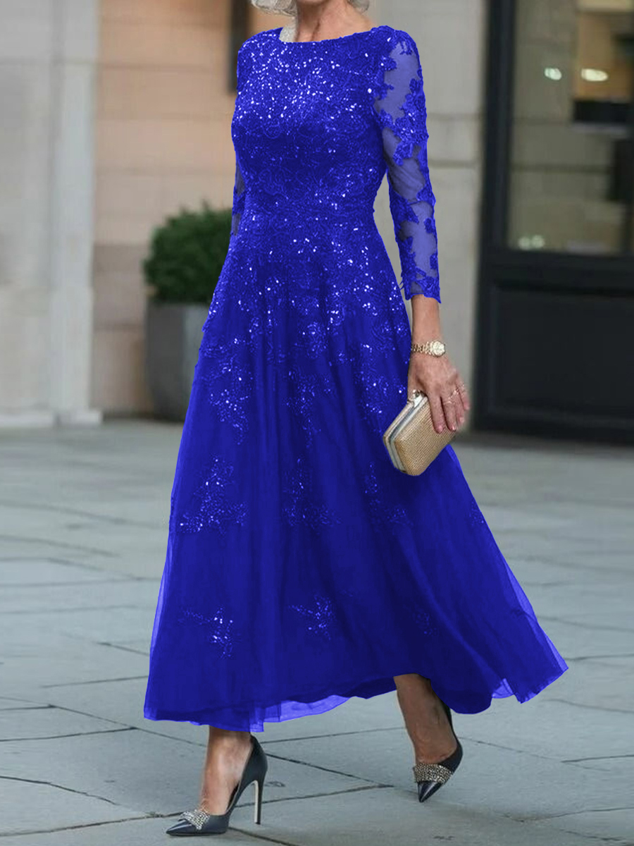 Statuesque A-Line Scoop 3/4 Sleeves Sequin Ankle-Length Tulle