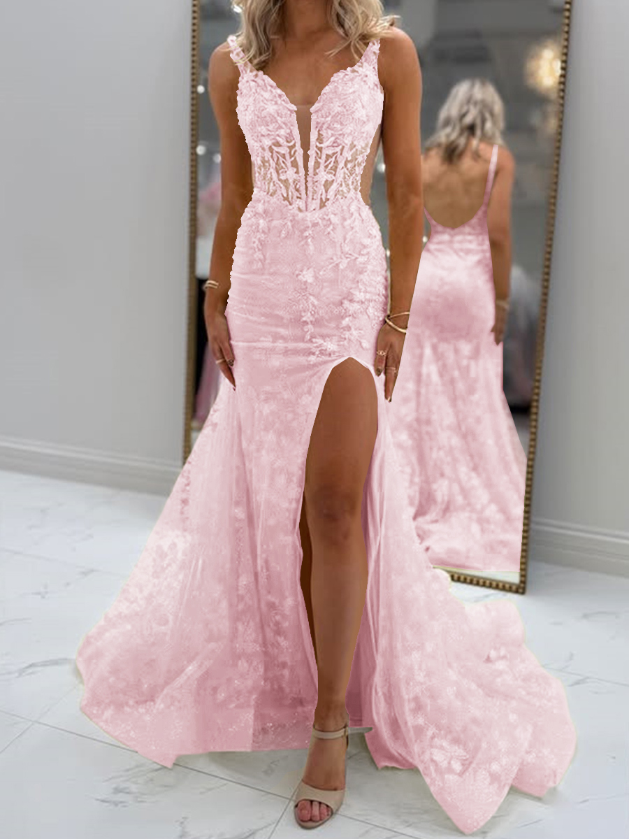 Glam Sheath V-Neck Appliques Lace Court Train Tulle Corset Prom Dress