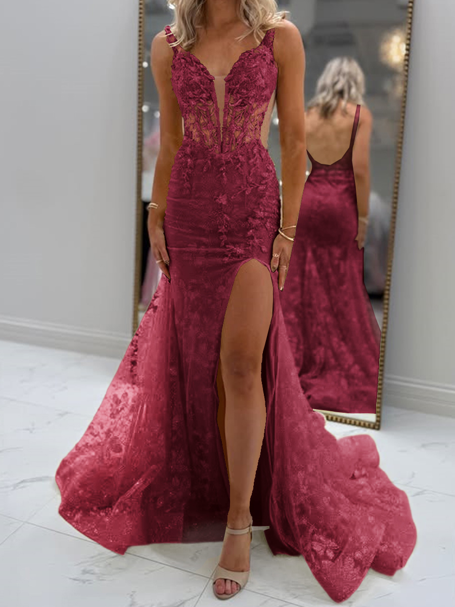 Glam Sheath V-Neck Appliques Lace Court Train Tulle Corset Prom Dress