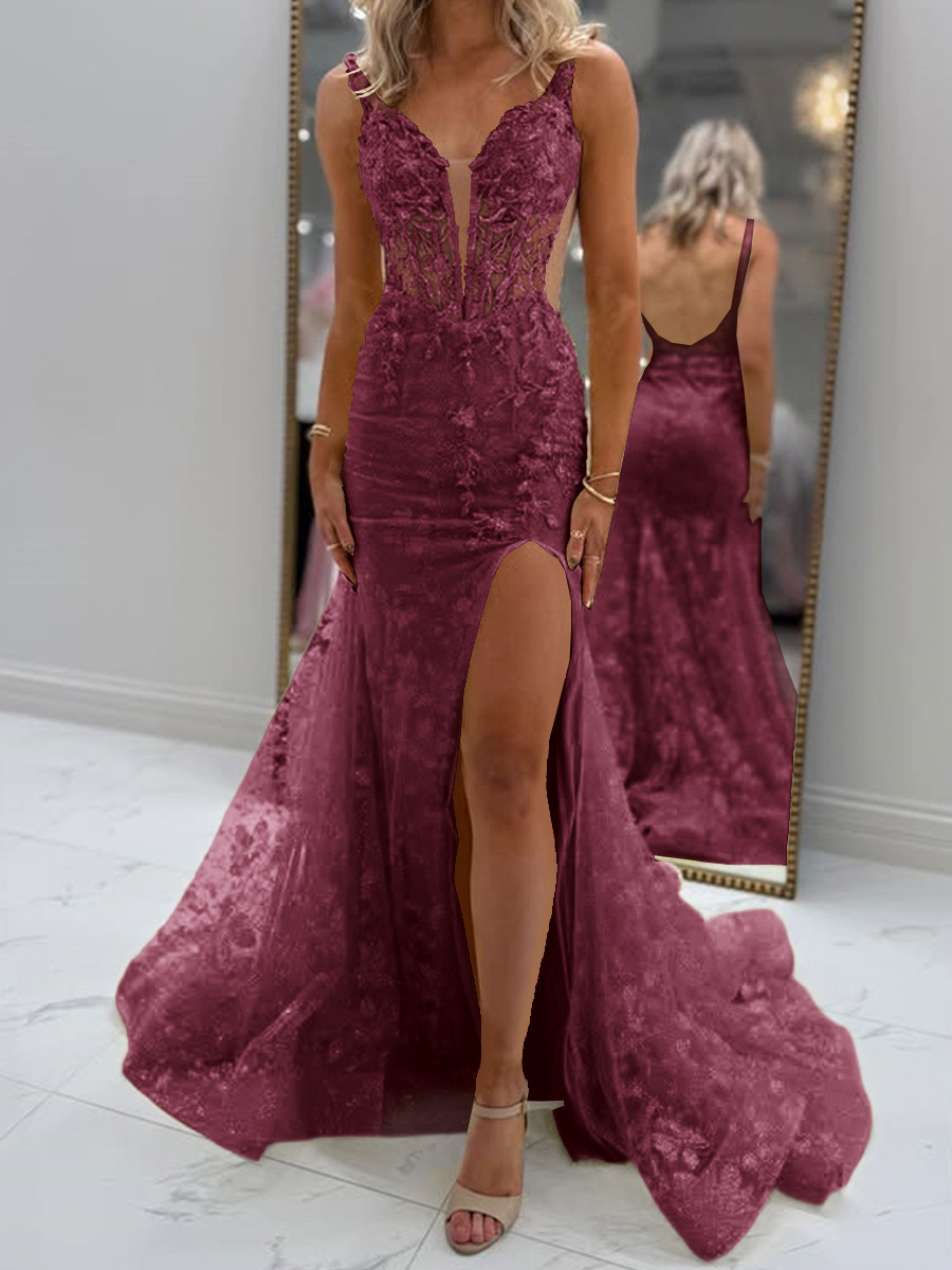 Glam Sheath V-Neck Appliques Lace Court Train Tulle Corset Prom Dress