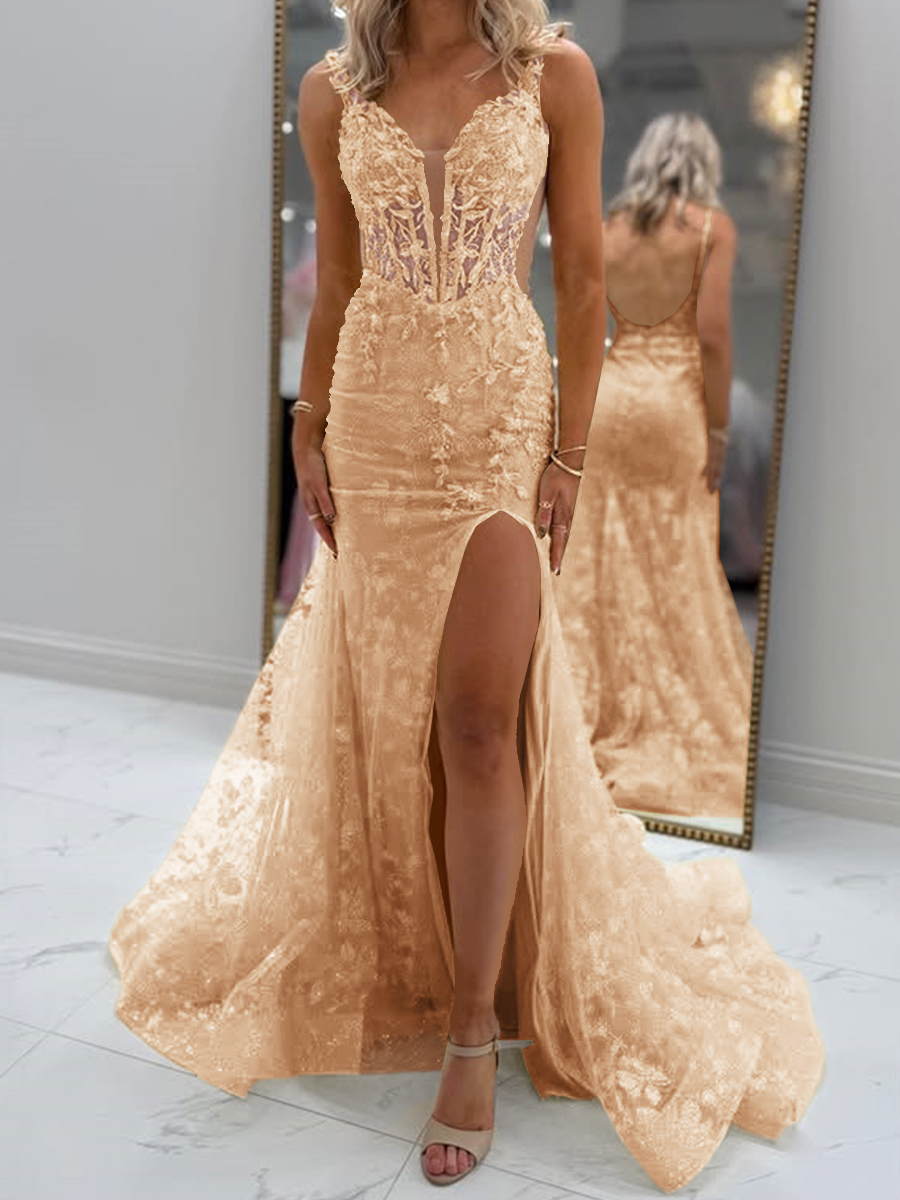 Glam Sheath V-Neck Appliques Lace Court Train Tulle Corset Prom Dress