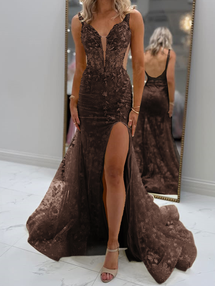 Glam Sheath V-Neck Appliques Lace Court Train Tulle Corset Prom Dress